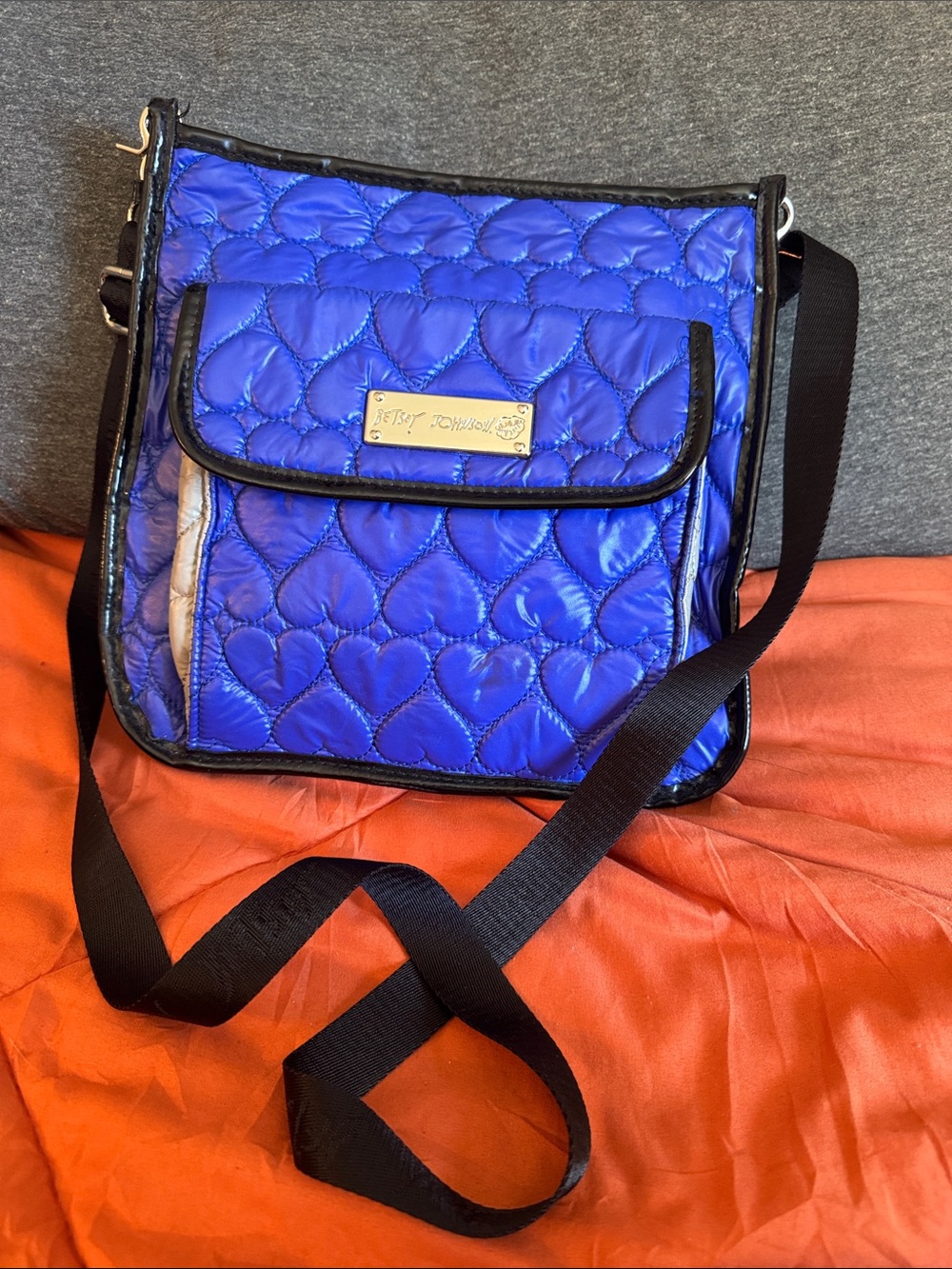 Betsey Johnson Quilted Heart Crossbody Bag - Royal Blue with Black Trim